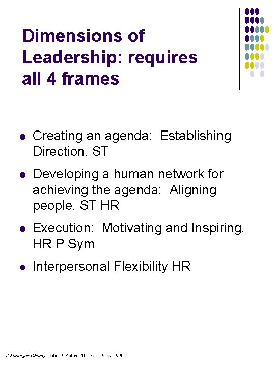 Dimensions of Leadership: requires all 4 frames l Creating an agenda: Establishing Direction. ST