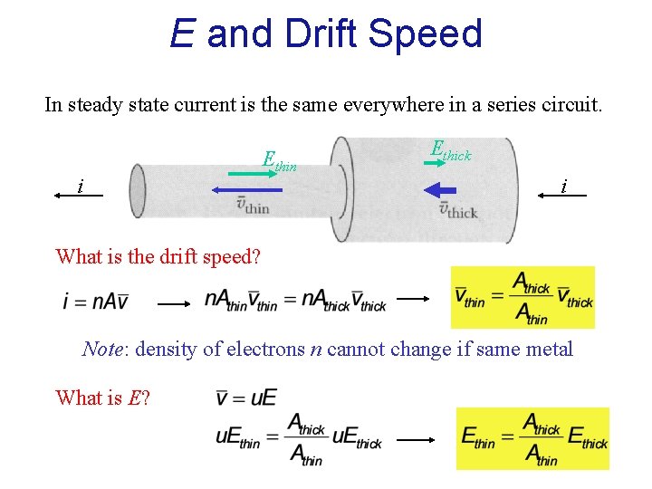 E and Drift Speed In steady state current is the same everywhere in a