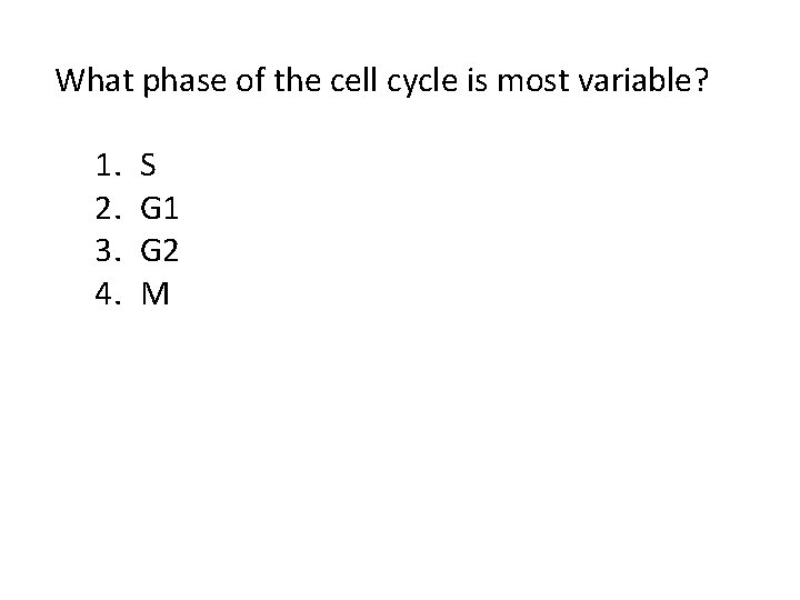 What phase of the cell cycle is most variable? 1. 2. 3. 4. S