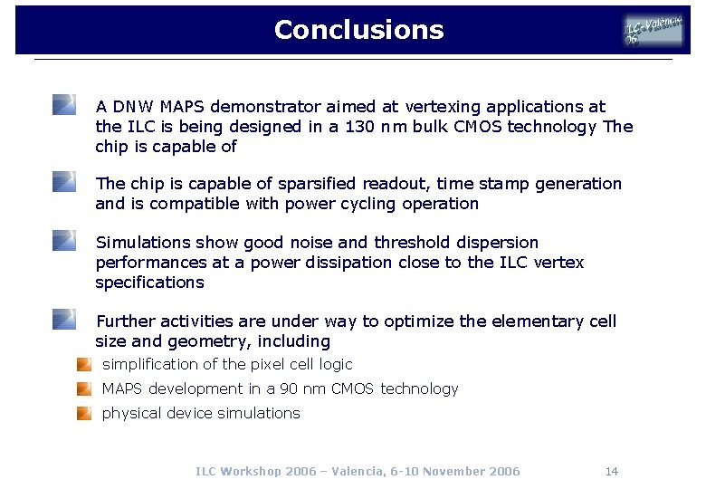 Conclusions A DNW MAPS demonstrator aimed at vertexing applications at the ILC is being