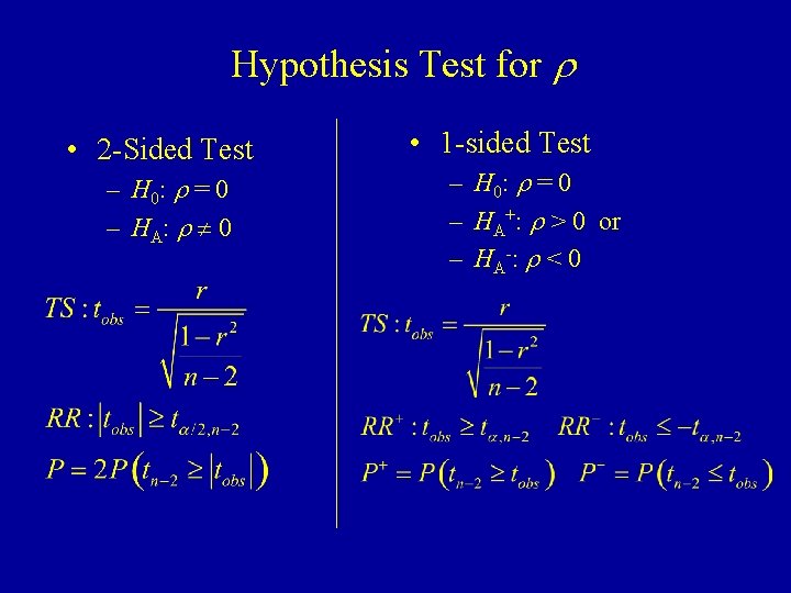 Hypothesis Test for r • 2 -Sided Test – H 0: r = 0