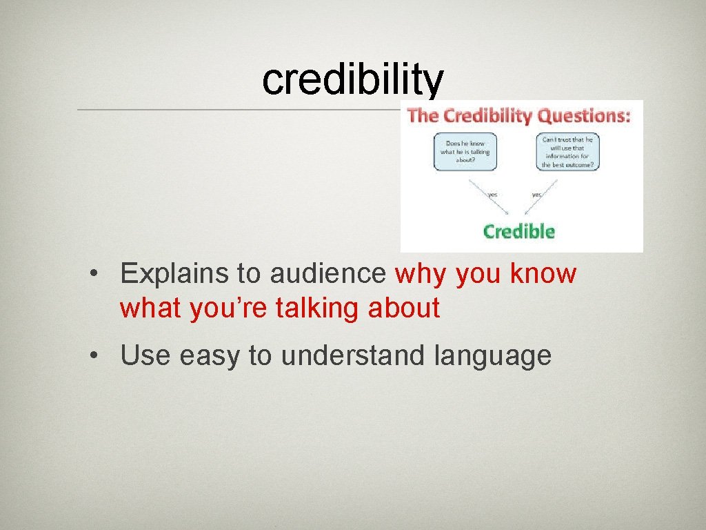 credibility • Explains to audience why you know what you’re talking about • Use