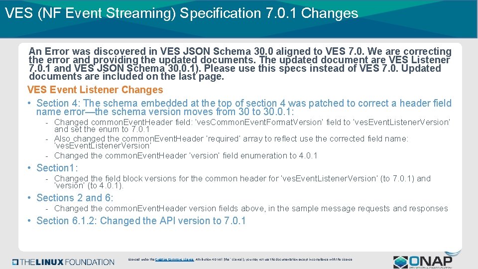 VES (NF Event Streaming) Specification 7. 0. 1 Changes An Error was discovered in