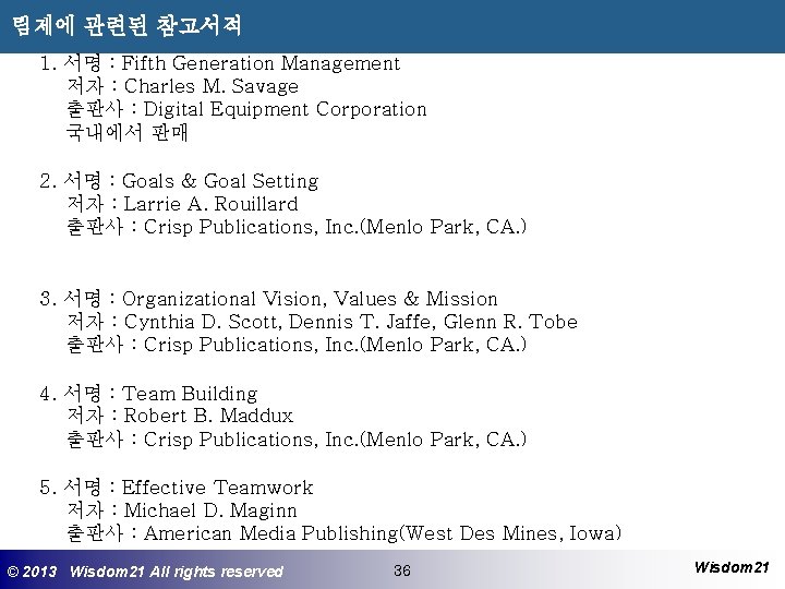 팀제에 관련된 참고서적 1. 서명 : Fifth Generation Management 저자 : Charles M. Savage