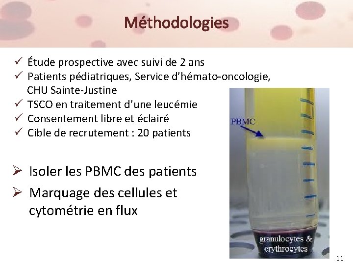 Méthodologies ü Étude prospective avec suivi de 2 ans ü Patients pédiatriques, Service d’hémato-oncologie,