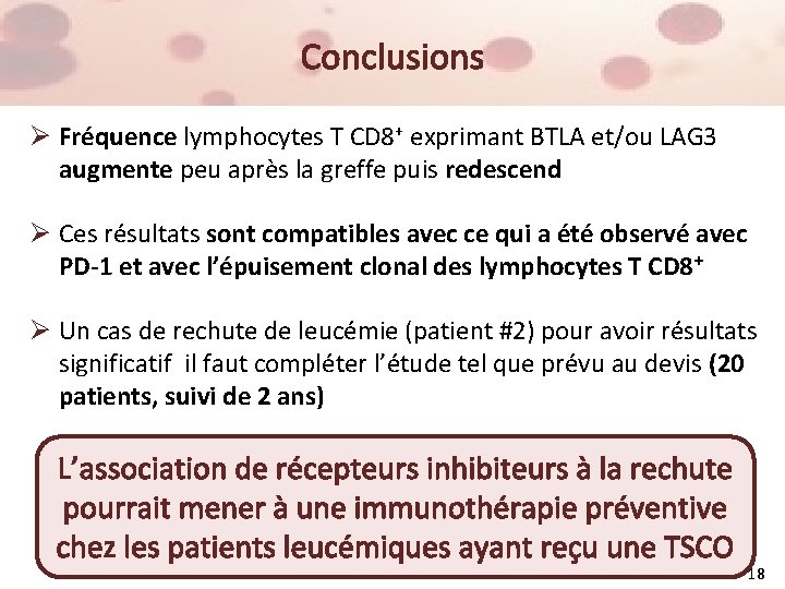 Conclusions Ø Fréquence lymphocytes T CD 8+ exprimant BTLA et/ou LAG 3 augmente peu