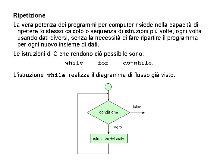 Ripetizione La vera potenza dei programmi per computer risiede nella capacità di ripetere lo