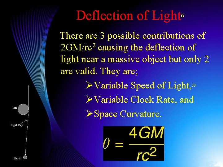 Deflection of Light 6 There are 3 possible contributions of 2 GM/rc 2 causing