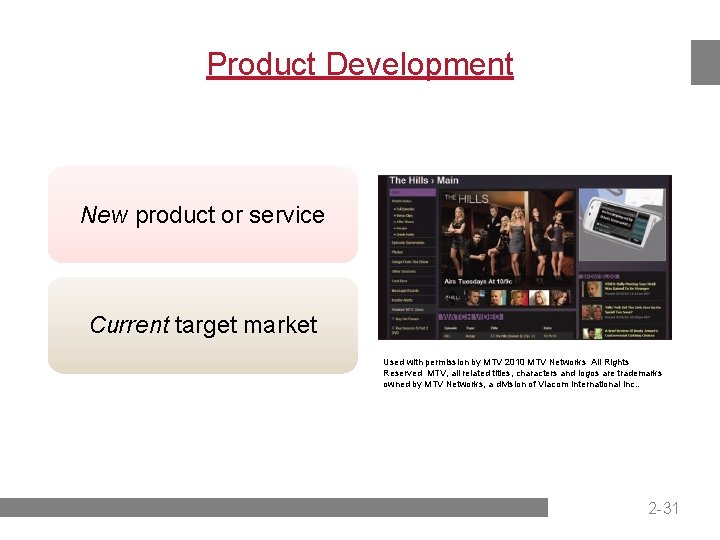 Product Development New product or service Current target market Used with permission by MTV