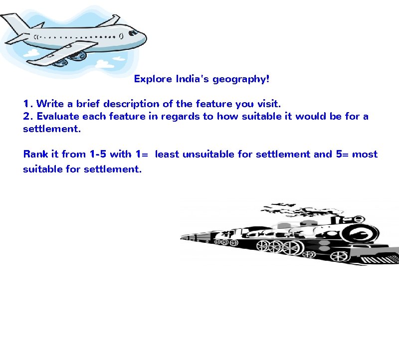 Explore India's geography! 1. Write a brief description of the feature you visit. 2.