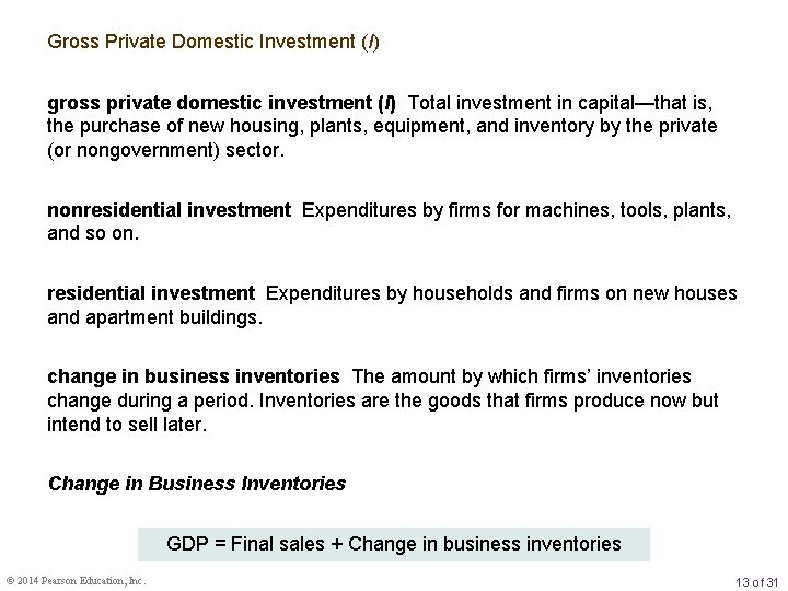 Gross Private Domestic Investment (I) gross private domestic investment (I) Total investment in capital—that