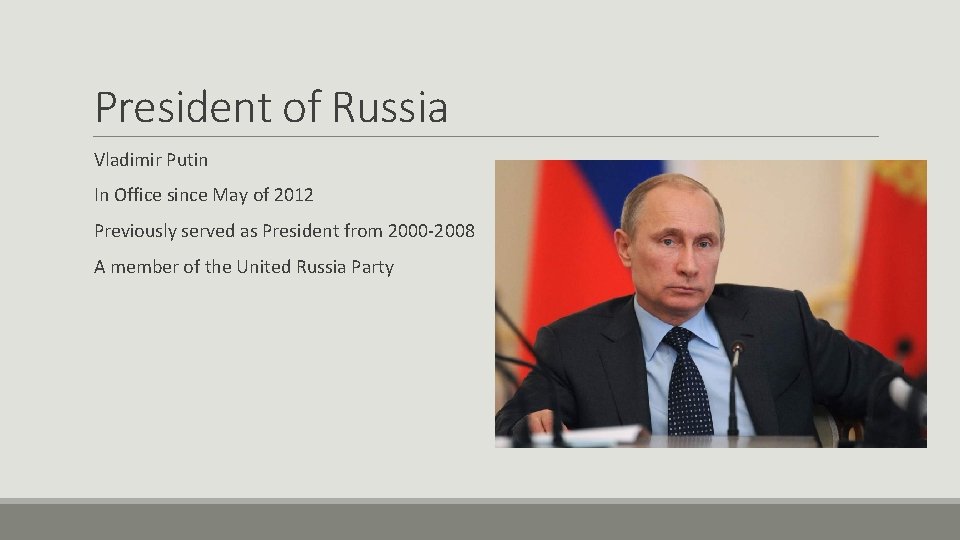 President of Russia Vladimir Putin In Office since May of 2012 Previously served as