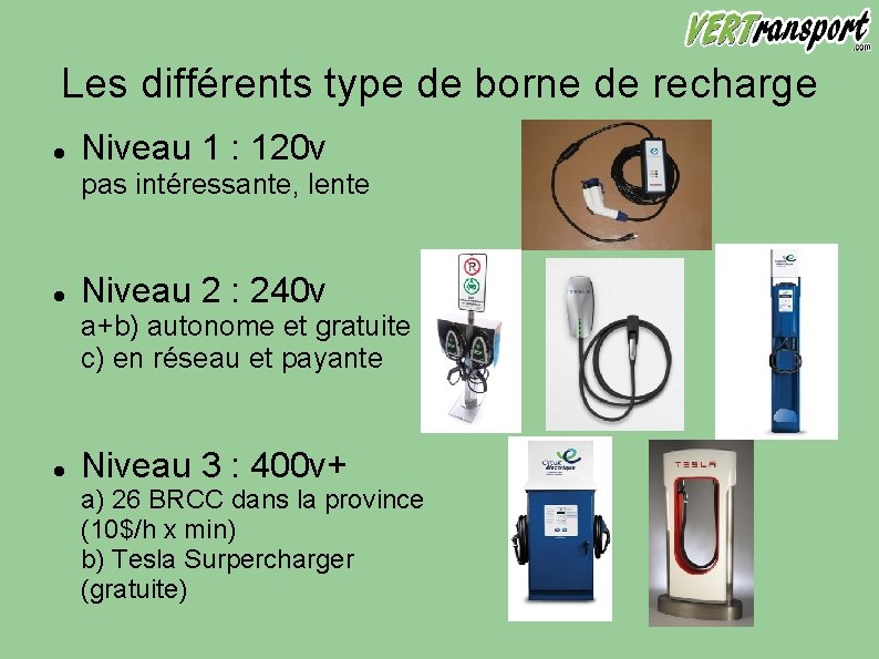 Les différents type de borne de recharge Niveau 1 : 120 v pas intéressante,