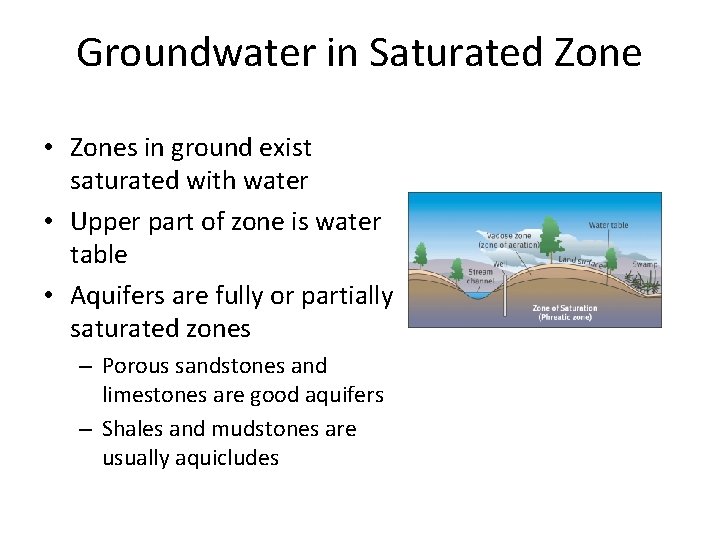 Groundwater in Saturated Zone • Zones in ground exist saturated with water • Upper