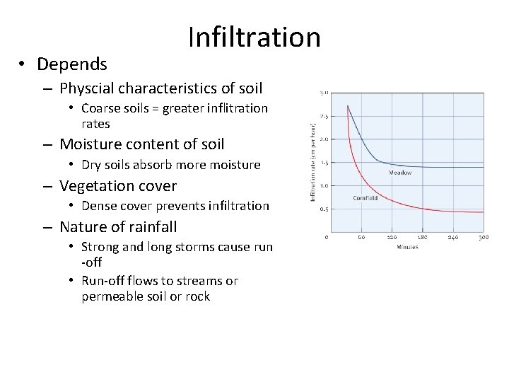  • Depends Infiltration – Physcial characteristics of soil • Coarse soils = greater
