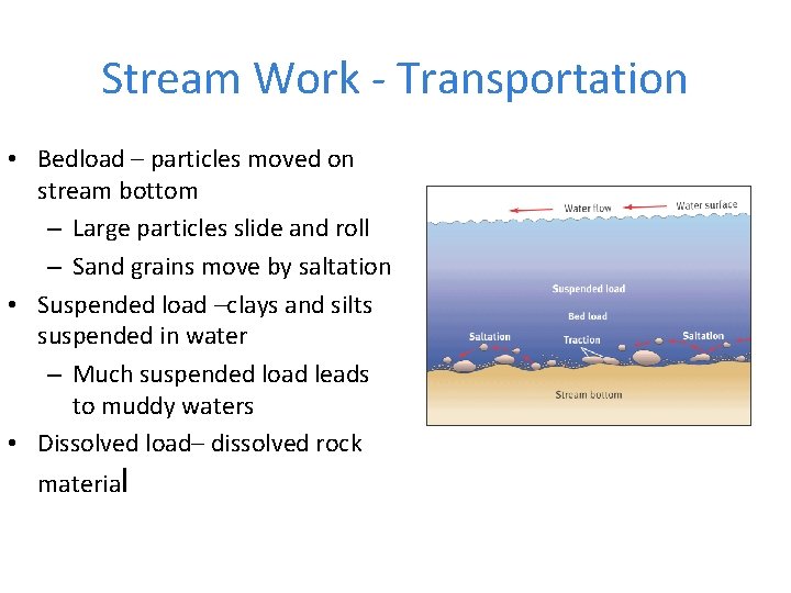 Stream Work - Transportation • Bedload – particles moved on stream bottom – Large