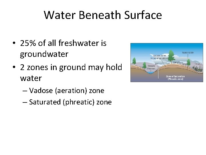 Water Beneath Surface • 25% of all freshwater is groundwater • 2 zones in