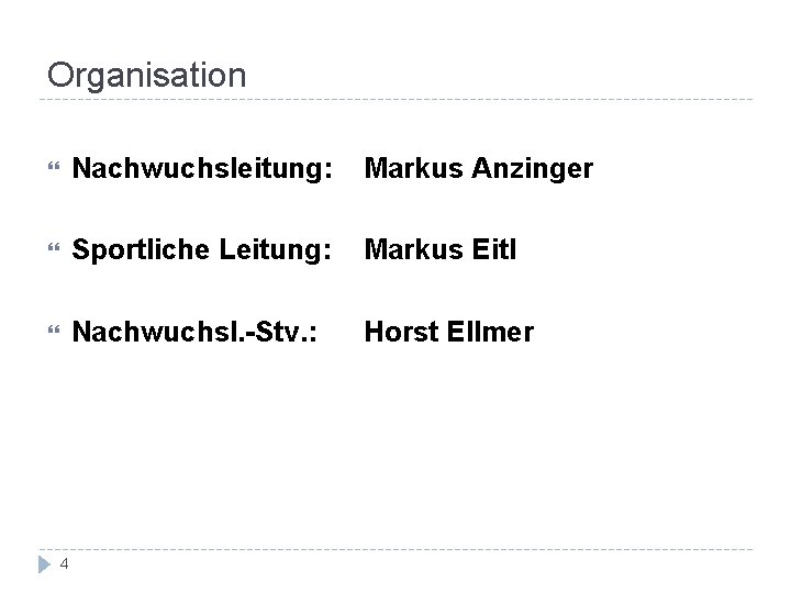 Organisation Nachwuchsleitung: Markus Anzinger Sportliche Leitung: Markus Eitl Nachwuchsl. -Stv. : Horst Ellmer 4