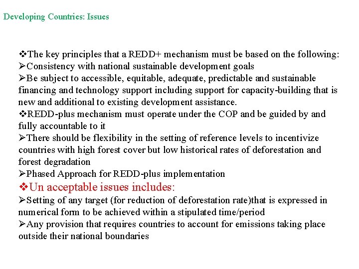 Developing Countries: Issues v. The key principles that a REDD+ mechanism must be based