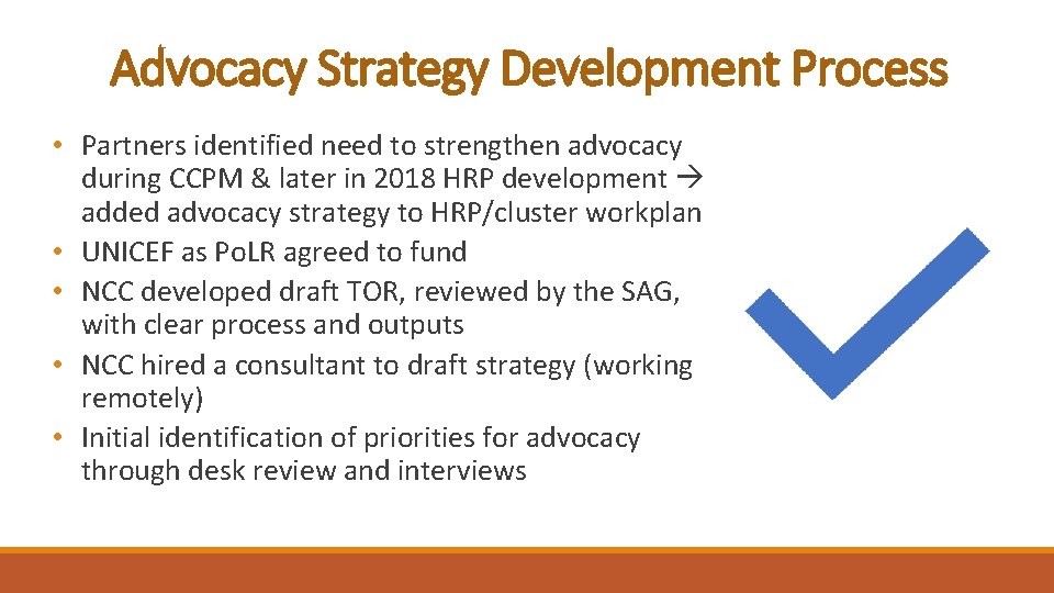 Advocacy Strategy Development Process • Partners identified need to strengthen advocacy during CCPM &