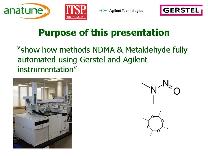 Purpose of this presentation “show methods NDMA & Metaldehyde fully automated using Gerstel and