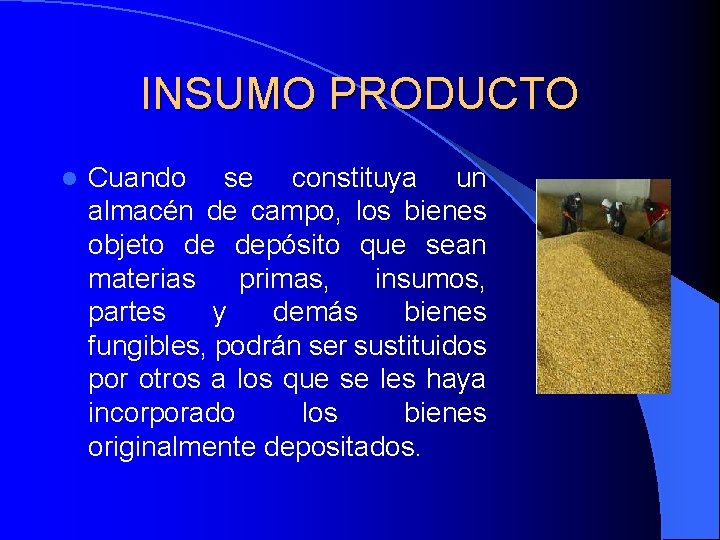 INSUMO PRODUCTO l Cuando se constituya un almacén de campo, los bienes objeto de