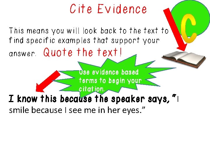 Cite Evidence This means you will look back to the text to find specific