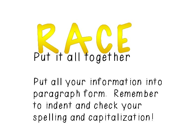 Put it all together Put all your information into paragraph form. Remember to indent