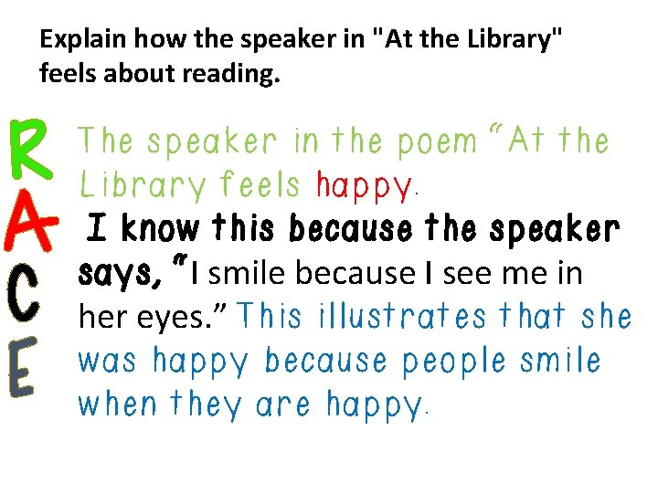 Explain how the speaker in "At the Library" feels about reading. R A C