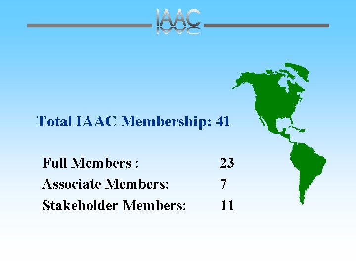 Total IAAC Membership: 41 Full Members : Associate Members: Stakeholder Members: 23 7 11