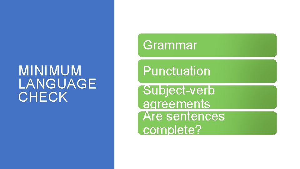 Grammar MINIMUM LANGUAGE CHECK Punctuation Subject-verb agreements Are sentences complete? 