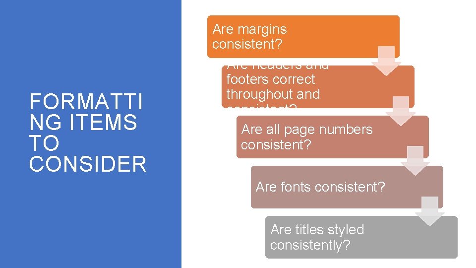 FORMATTI NG ITEMS TO CONSIDER Are margins consistent? Are headers and footers correct throughout