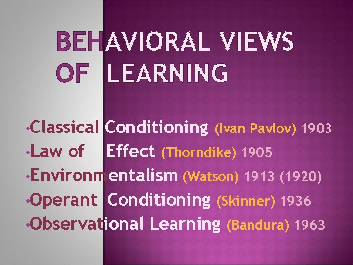 BEHAVIORAL VIEWS OF LEARNING • Classical Conditioning (Ivan Pavlov) 1903 • Law of Effect