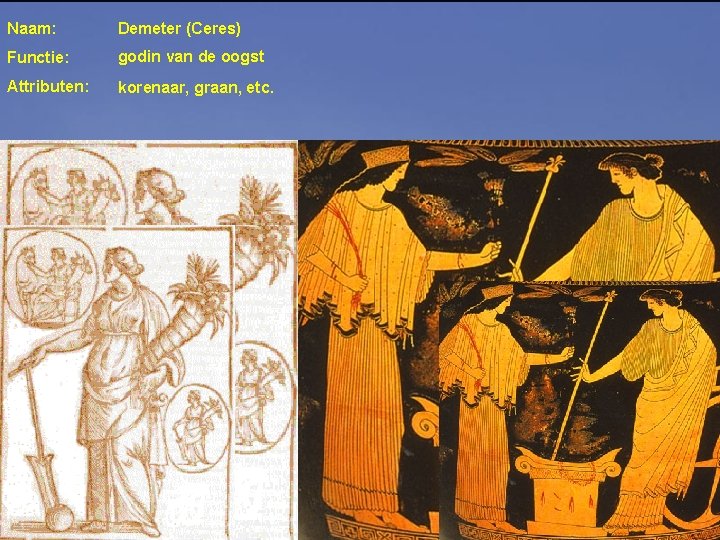 Naam: Demeter (Ceres) Functie: godin van de oogst Attributen: korenaar, graan, etc. 