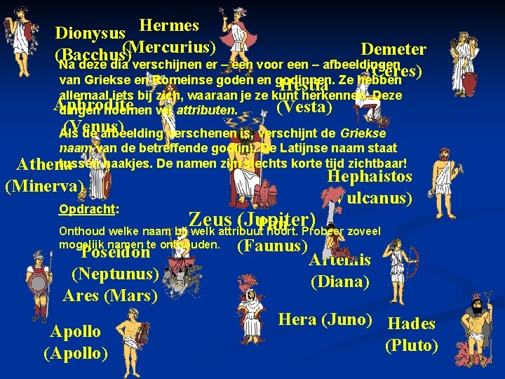 Dionysus Hermes (Mercurius) Demeter (Bacchus) Na deze dia verschijnen er – een voor een