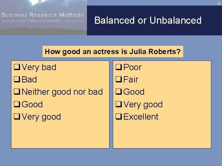 9 Balanced or Unbalanced How good an actress is Julia Roberts? q Very bad