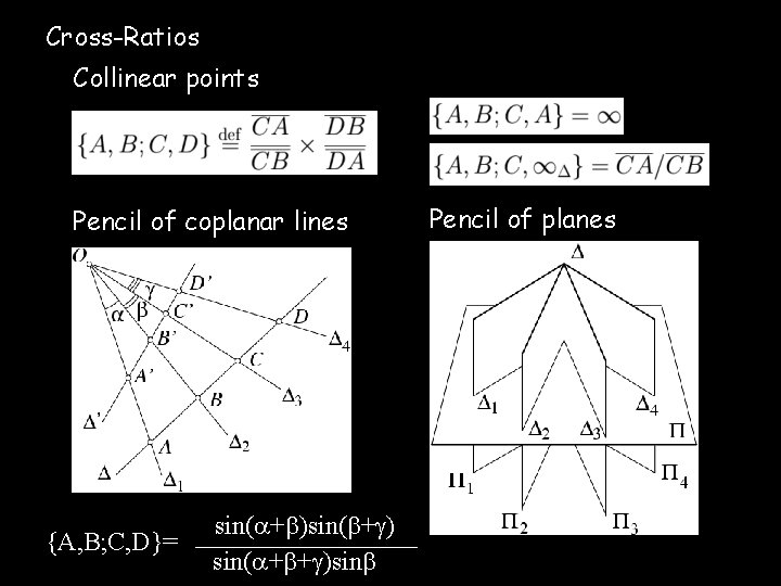 Cross-Ratios Collinear points Pencil of coplanar lines {A, B; C, D}= sin( + )