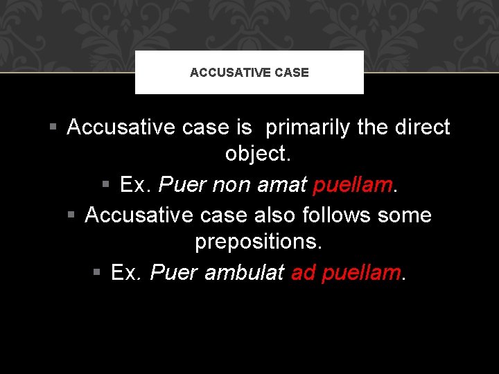 ACCUSATIVE CASE § Accusative case is primarily the direct object. § Ex. Puer non