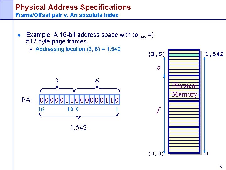 Physical Address Specifications Frame/Offset pair v. An absolute index Example: A 16 -bit address