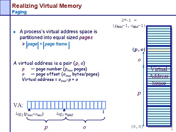 Realizing Virtual Memory Paging 2 n-1 = (p. MAX-1, o. MAX-1) A process’s virtual