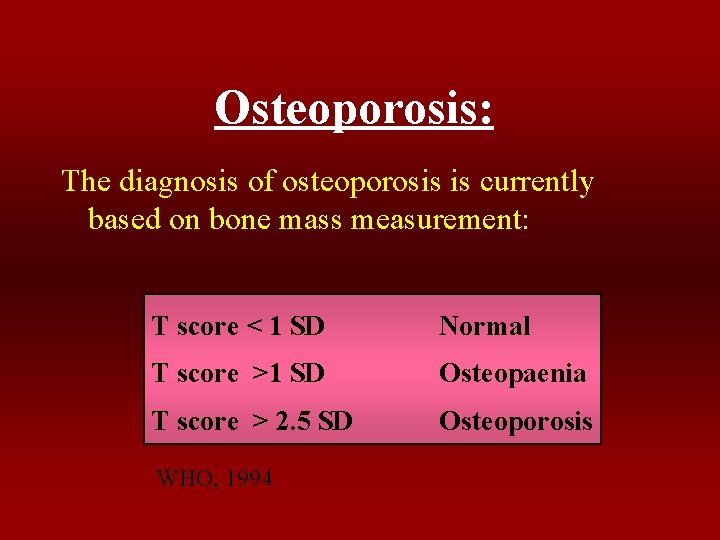 Osteoporosis: The diagnosis of osteoporosis is currently based on bone mass measurement: T score