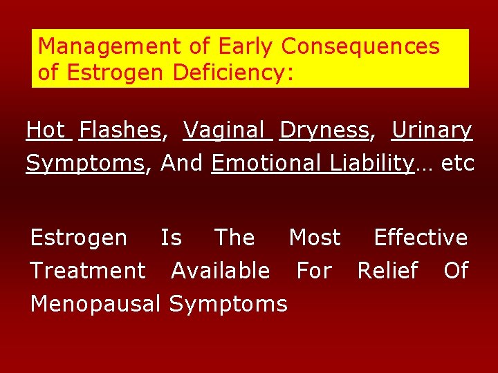 Management of Early Consequences of Estrogen Deficiency: Hot Flashes, Vaginal Dryness, Urinary Symptoms, And