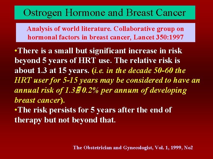Ostrogen Hormone and Breast Cancer Analysis of world literature. Collaborative group on hormonal factors