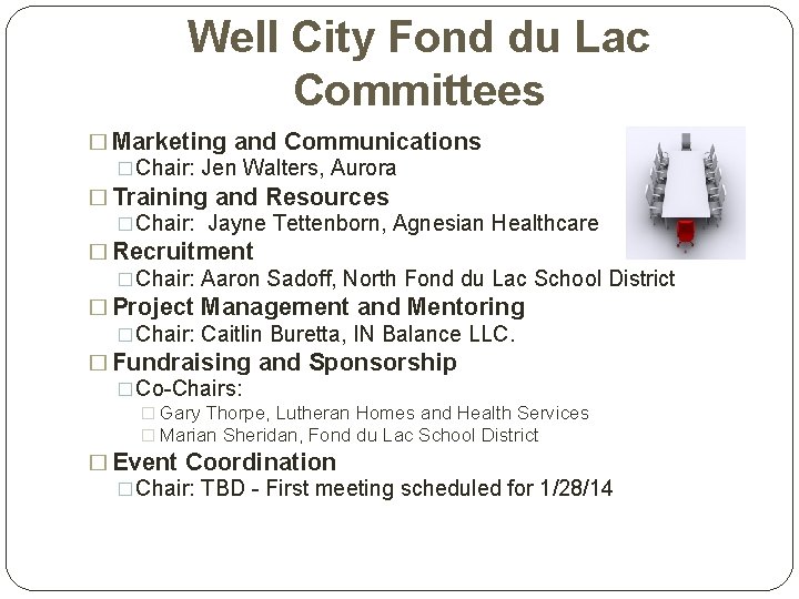 Well City Fond du Lac Committees � Marketing and Communications �Chair: Jen Walters, Aurora