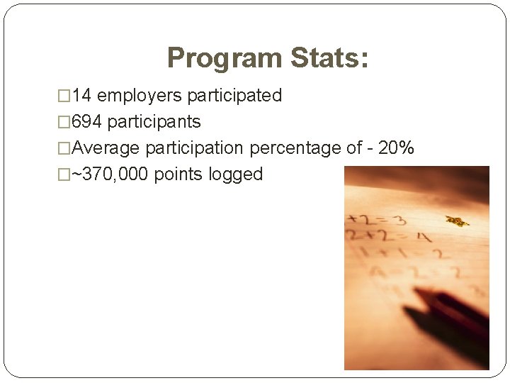 Program Stats: � 14 employers participated � 694 participants �Average participation percentage of -