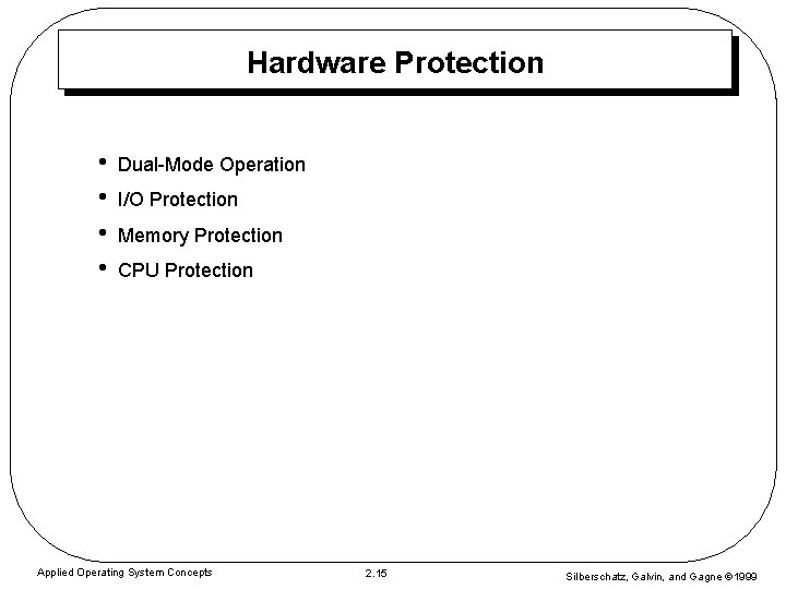 Hardware Protection • • Dual-Mode Operation I/O Protection Memory Protection CPU Protection Applied Operating Hardware Protection • • Dual-Mode Operation I/O Protection Memory Protection CPU Protection Applied Operating