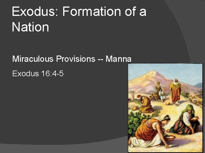 Exodus: Formation of a Nation Miraculous Provisions -- Manna Exodus 16: 4 -5 