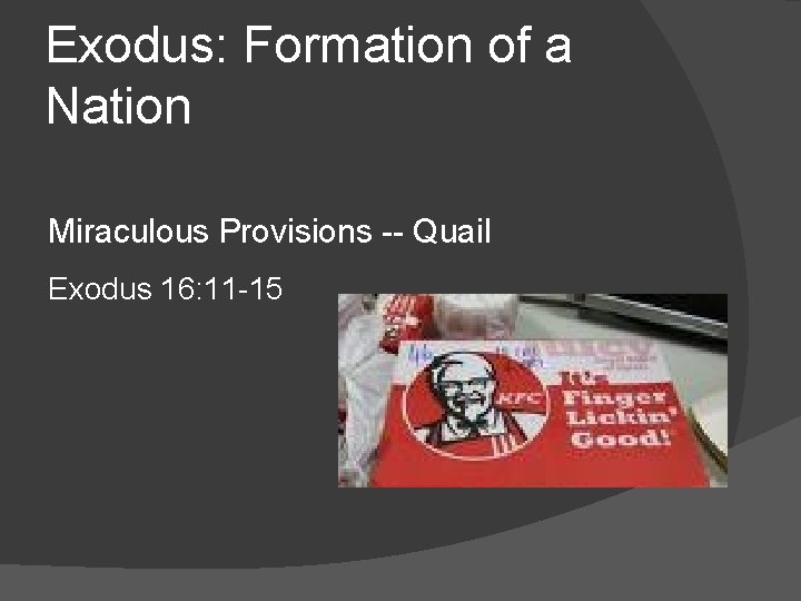 Exodus: Formation of a Nation Miraculous Provisions -- Quail Exodus 16: 11 -15 