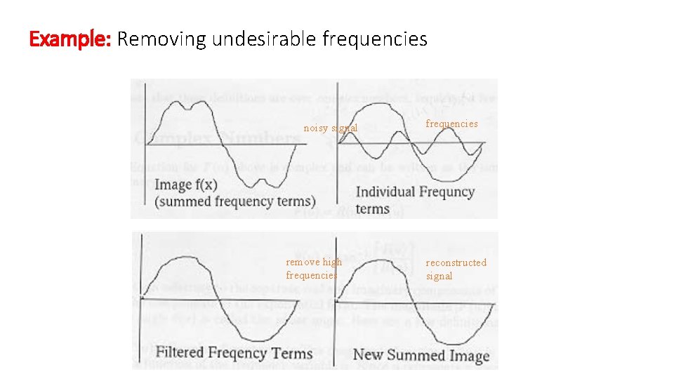 Example: Removing undesirable frequencies noisy signal remove high frequencies reconstructed signal 