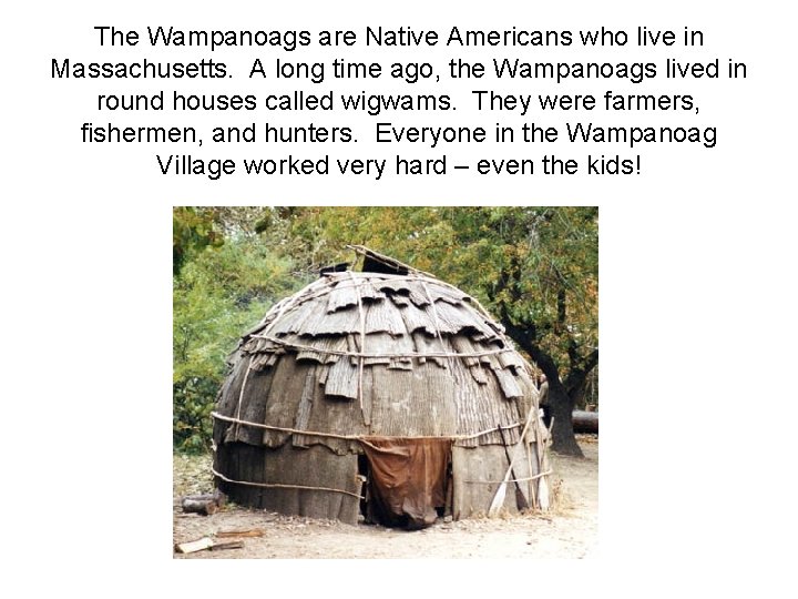 The Wampanoags are Native Americans who live in Massachusetts. A long time ago, the